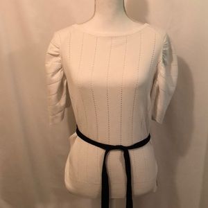 Puff sleeve white sweater short sleeve black tie